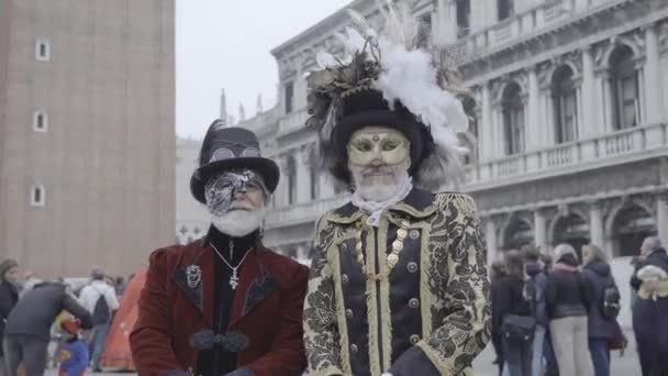Venice Italy February 2023 Two Medieval Men Pose Front Marks — Stockvideo