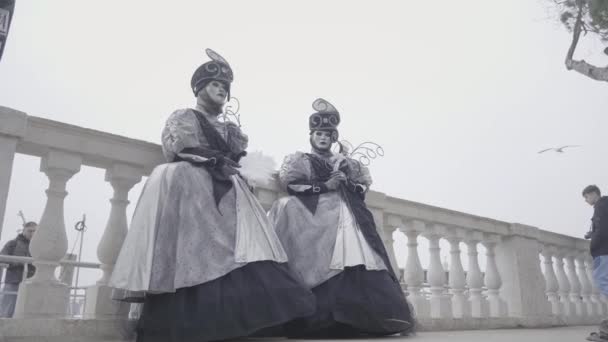 Venice Italy February 2023 Two Carnival Ladies Black Costumes Masks — Stockvideo