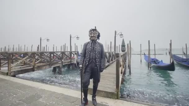Venecia Italia Febrero 2023 Hombre Disfrazado Enmascarado Con Palo Delante — Vídeo de stock