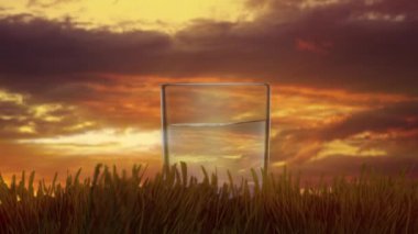 Güzel bir gün batımı ve arkasında bir bardak durgun su olan çimenler.