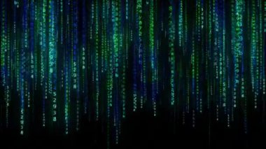 Siyah arkaplan üzerinde hızlı hareket eden dikey dijital sayılar ve kodlar, PC hack 'leme