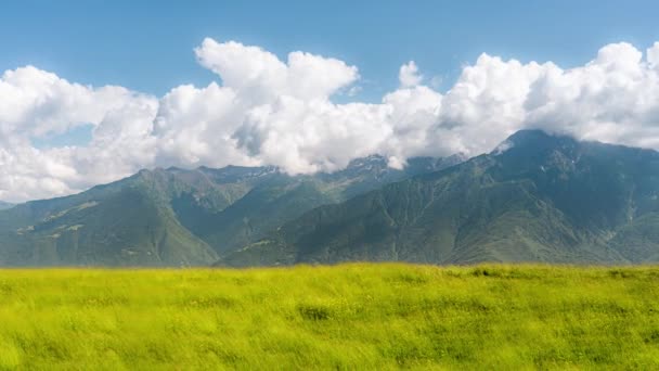 Prachtig Panorama Voor Een Winderige Groene Weide Van Hoge Bergen — Stockvideo