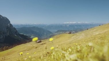 Yazın yeşil dağların panoramik manzarası, Siusi Alplerinde iki ahşap kulübe..