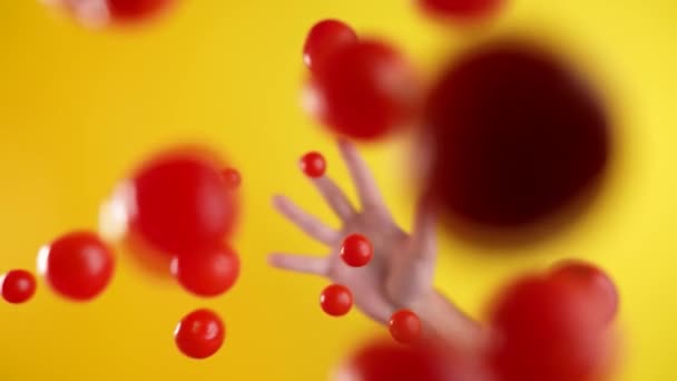 Hand Wirft Bündel Kleiner Roter Tomaten Als Zutaten Die Küche — Stockvideo