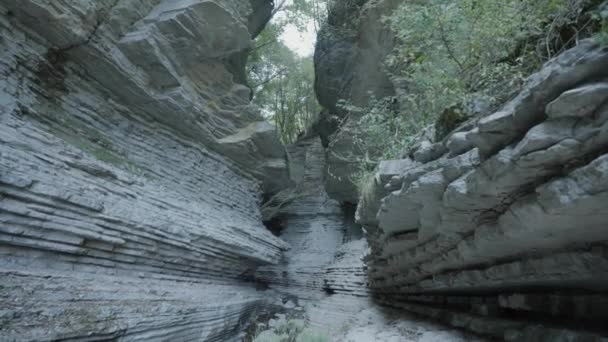 2つの高い山と水の流れの間のキャニオン — ストック動画