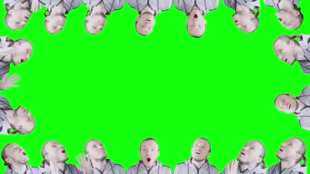 Лицо Взволнованных Мужчин Выражениями Удивления Удивления Открытыми Ртами Зеленом Фоне — стоковое видео
