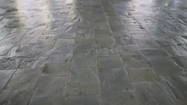 Şehir ışıklarını yansıtan ıslak mermer cadde boyunca hareket.