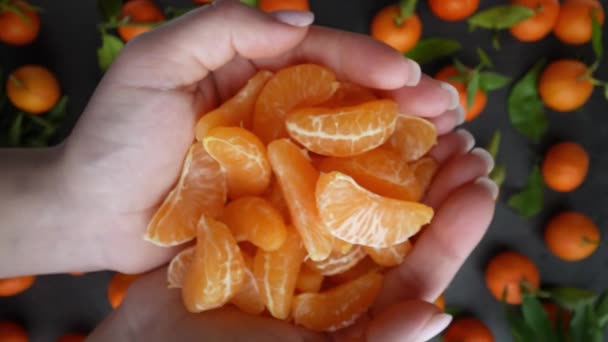Slices Clementines Vielen Slow Motion Uit Palmen Van Vrouwenhand Schot — Stockvideo