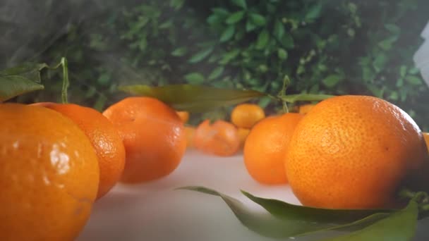 用白烟在桌子上的一排橘子之间移动 — 图库视频影像