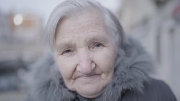 Una Anciana Con Abrigo Piel Sonrisa Alegre Posa Para Cámara — Vídeo de stock