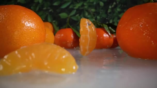 Bord Med Många Läckra Våta Mandariner — Stockvideo