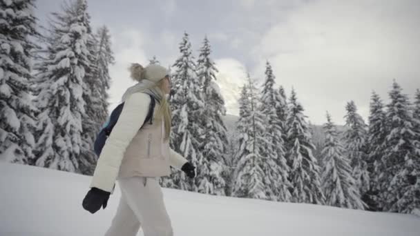 Wanita Berpakaian Putih Dengan Ransel Pundaknya Berjalan Antara Pohon Pohon — Stok Video
