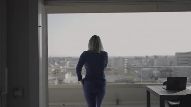 Professionel Kvinde Taler Telefon Kontoret Balkon Med Havudsigt – Stock-video