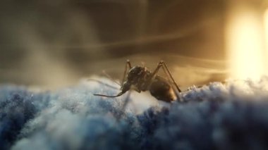 Makro mercekle yakalanan bir karınca, yumuşak ışıkla aydınlatılan mavi dokulu bir kumaşı keşfediyor ve rüya gibi bir atmosfer yaratıyor.