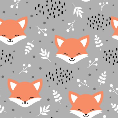 Şirin tilkiler kusursuz desen, bitki ve noktalarla el çizimi orman arka planı, vektör illüstrasyonu.