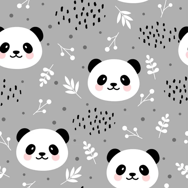 可爱的熊猫无缝模式 手工绘制的灰色森林背景与植物和点 病媒图解 — 图库矢量图片