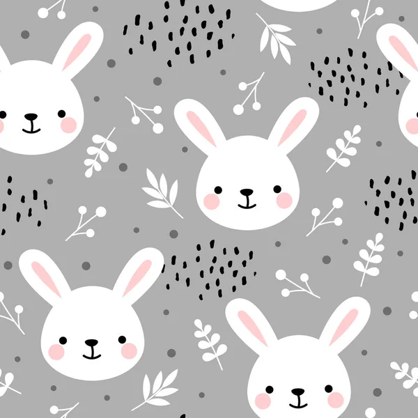 Cute Rabbits Seamless Pattern Hand Drawn Forest Background Plants Dots — Stock Vector