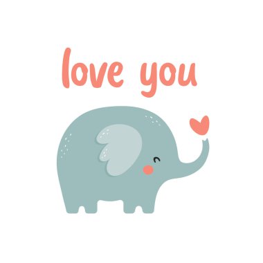 Sevimli aşk kartı. Kalbi olan bir fil. vektör illüstrasyonu 