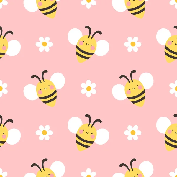 Nahtlose Muster Mit Niedlichen Karikatur Kawaii Bienen Hand Gezeichnet Floralen — Stockvektor