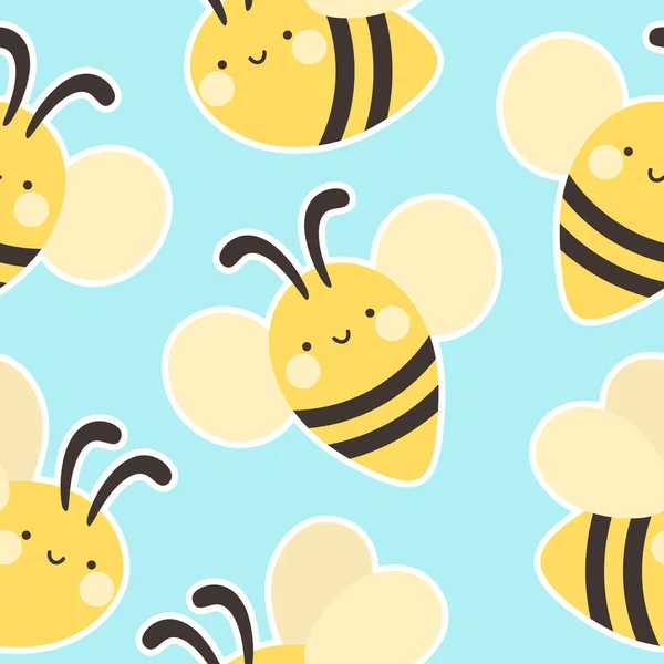 Seamless Pattern Cute Cartoon Kawaii Bees Hand Drawn Floral Vector — Stock Vector