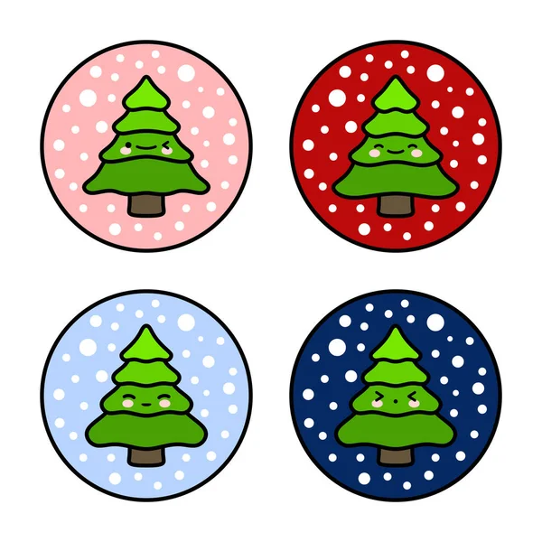 Cute Christmas Trees Balls Stickers Set Vector Illustration — Stock Vector