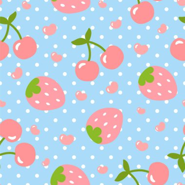 Kiraz ve Çilek desenleri, noktalı şirin kalp meyvesi karikatürü, Vektör çizimi.
