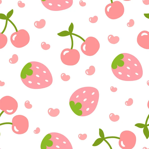 Kirschen Und Erdbeeren Muster Niedliche Herzfrucht Cartoon Nahtlosen Hintergrund Vektor — Stockvektor