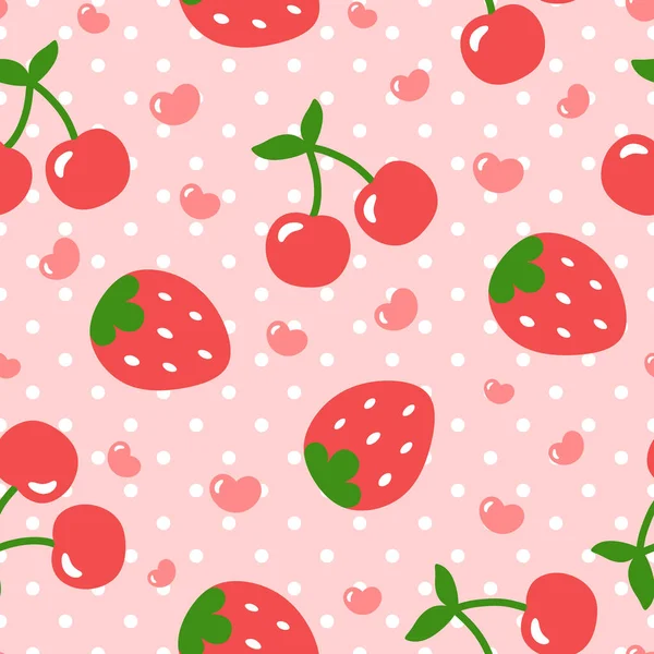 Cseresznye Eper Minta Aranyos Szív Gyümölcs Rajzfilm Zökkenőmentes Háttér Pontokkal — Stock Vector
