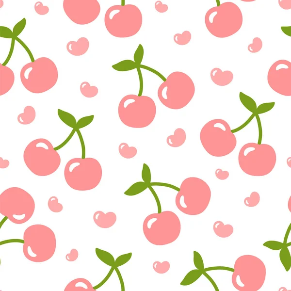 Cseresznye Minta Aranyos Rajzfilm Zökkenőmentes Háttér Szívvel Vector Illusztráció — Stock Vector