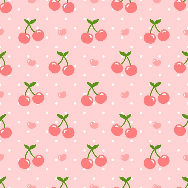 Cseresznye Minta Aranyos Rajzfilm Zökkenőmentes Háttér Szívvel Vector Illusztráció — Stock Vector