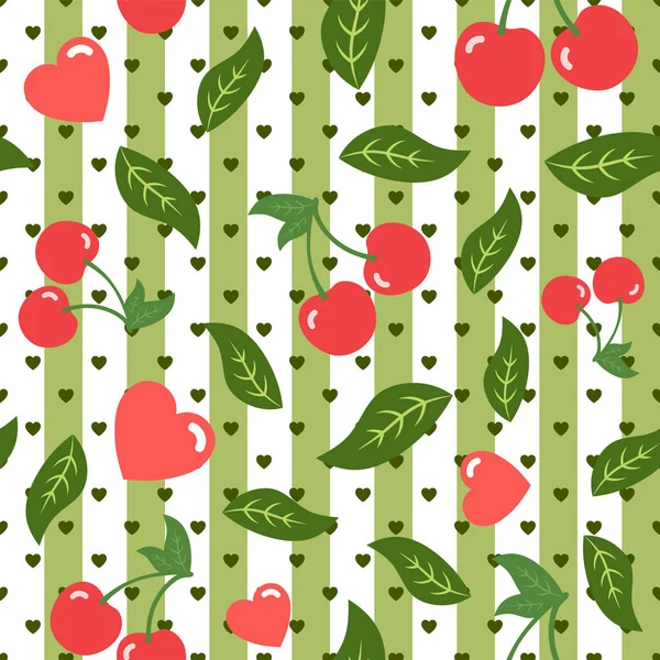 Cseresznye Minta Aranyos Gyümölcs Rajzfilm Zökkenőmentes Háttér Szívvel Vector Illusztráció — Stock Vector