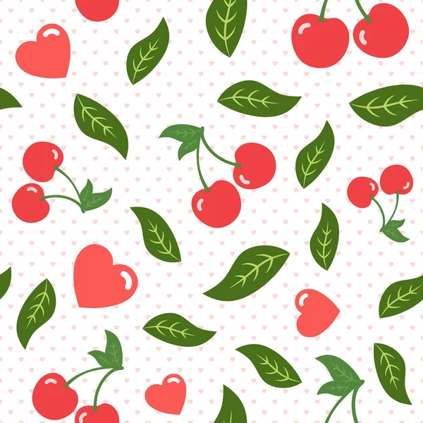 Cseresznye Minta Aranyos Gyümölcs Rajzfilm Zökkenőmentes Háttér Szívvel Vector Illusztráció — Stock Vector