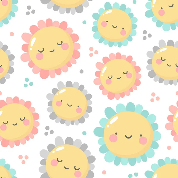 Blumen Niedliches Muster Lächeln Blume Gesichter Cartoon Nahtlosen Hintergrund Vektorillustration — Stockvektor