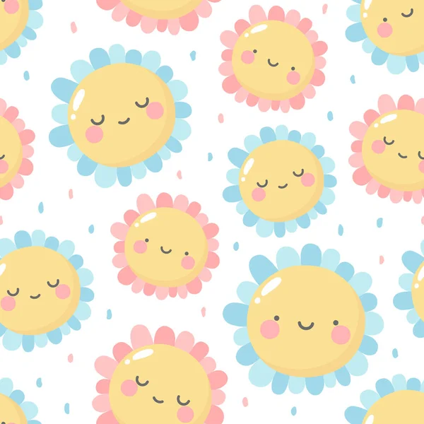 Flowers Cute Pattern Smile Flower Faces Cartoon Seamless Background Vector — Stock Vector