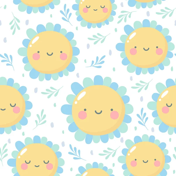 Blumen Niedliches Muster Lächeln Blume Gesichter Cartoon Nahtlosen Hintergrund Vektorillustration — Stockvektor