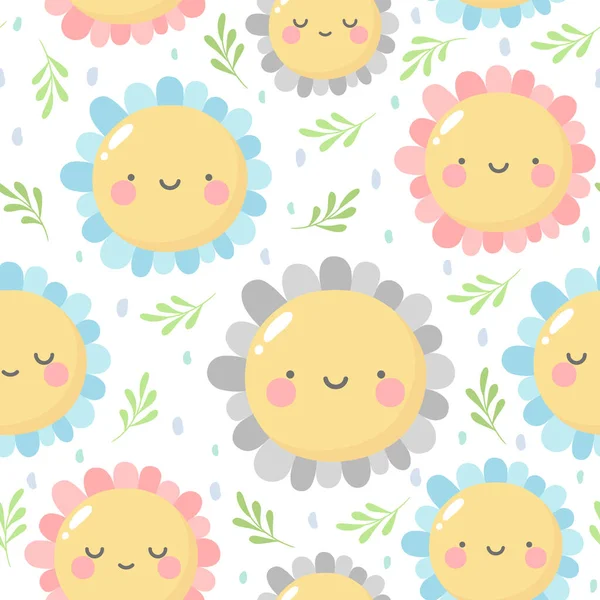 花かわいいパターン 笑顔の花の顔漫画シームレスな背景 ベクトルイラスト — ストックベクタ