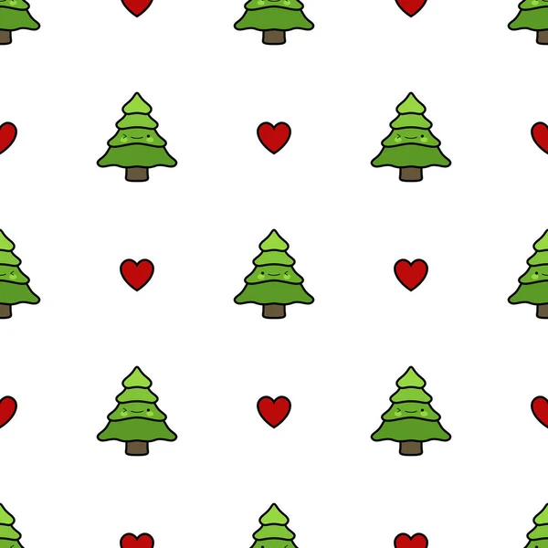 Christmas Trees Seamless Pattern Hearts Cute Pine Trees Background Vector — 스톡 벡터