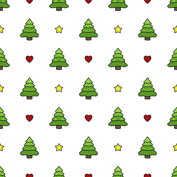 Christmas Trees Seamless Pattern Hearts Stars Cute Pine Tree Background — 스톡 벡터