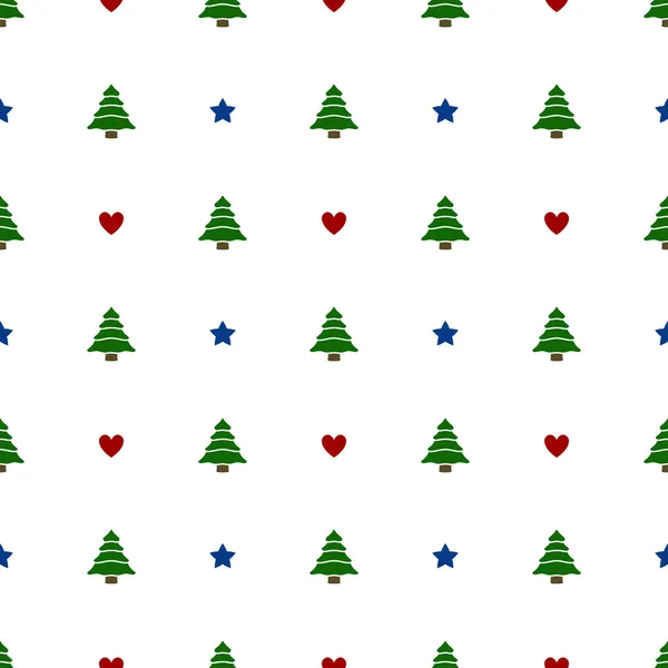 Christmas Trees Seamless Pattern Hearts Stars Cute Pine Tree Background — 스톡 벡터