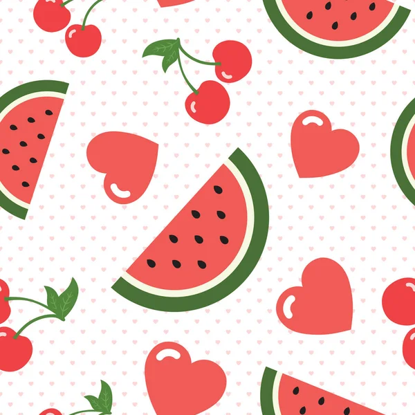 Watermelon Cherries Hearts Seamless Pattern — Stock Vector