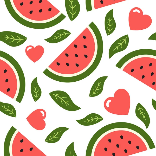 Wassermelone Nahtloses Muster Mit Herzen Und Blättern — Stockvektor