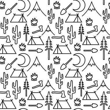 Kusursuz Kamp Şablonu, Macera Dış Faaliyet Arkaplanı, Vektör İllüstrasyonu 