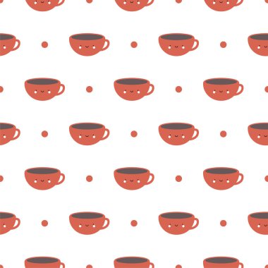 Şirin Kahve ve Çay Fincanları, Kırmızı Çizgi Film Gülen Yüzler Kusursuz Arkaplan