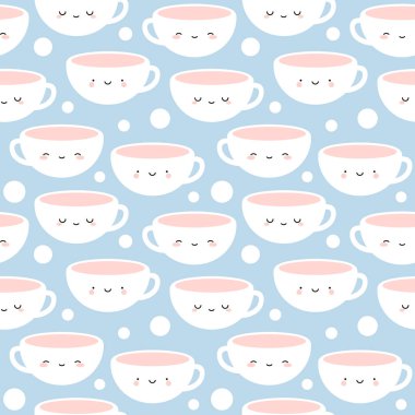 Şirin Kahve ve Çay Fincanları, Çizgi Film Gülen Yüzler Kusursuz Mavi Desen Arkaplan