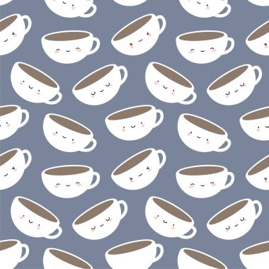 Şirin Kahve ve Çay Fincanları, Çizgi Film Gülen Yüzler Kusursuz Gri Desen Arkaplan