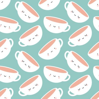 Şirin Kahve ve Çay Fincanları, Çizgi Film Gülen Yüzler Kusursuz Yeşil Desen Arkaplan