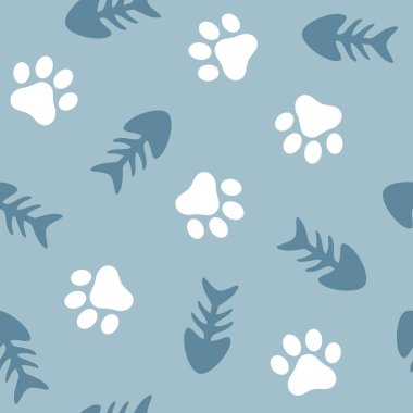 Balık Kemikleri ve Hayvansal Pençeler Kusursuz Desenli Arkaplan, Kedi ve Balık Vektör İllüzyonu