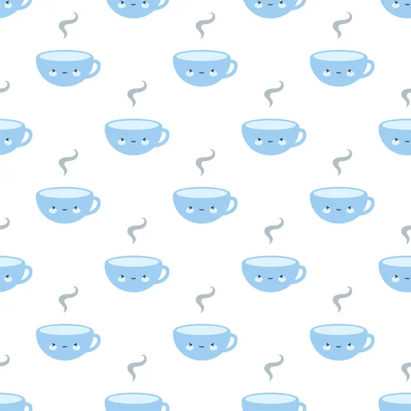 Niedliche Kaffee Und Teetassen Blue Cartoon Smile Faces Nahtloser Musterhintergrund — Stockvektor