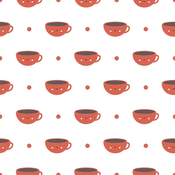 Lindo Café Tazas Caricatura Roja Sonríe Caras Sin Costuras Patrón — Archivo Imágenes Vectoriales