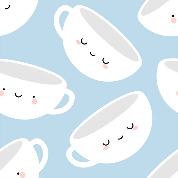 Tazas Café Lindo Caras Sonrisa Dibujos Animados Sin Costuras Azul — Archivo Imágenes Vectoriales
